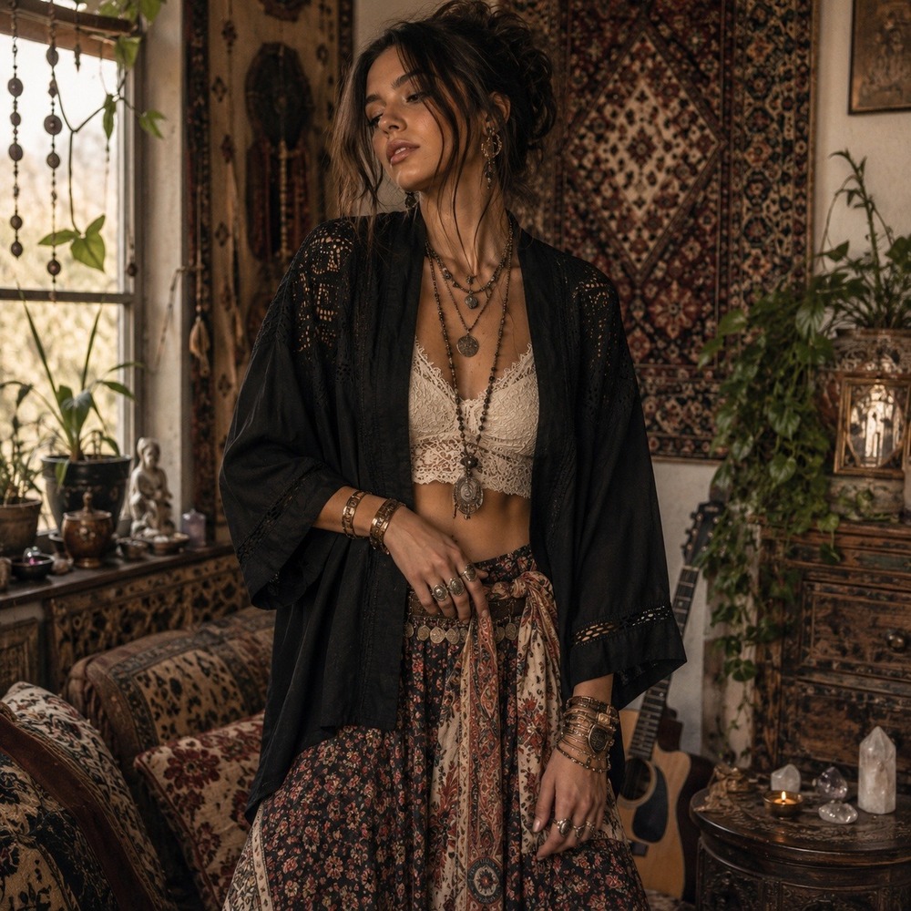 TAMSY Black Crochet Lace Trim Kimono Cardigan Wrap Open Front One Size Women